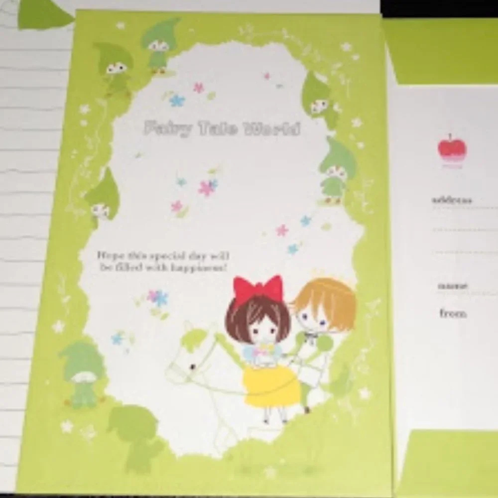 15pc LOT: FAIRY TALE WORLD SNOW WHITE WRITING PAPER/MATCHING ENVELOPES (GREEN)